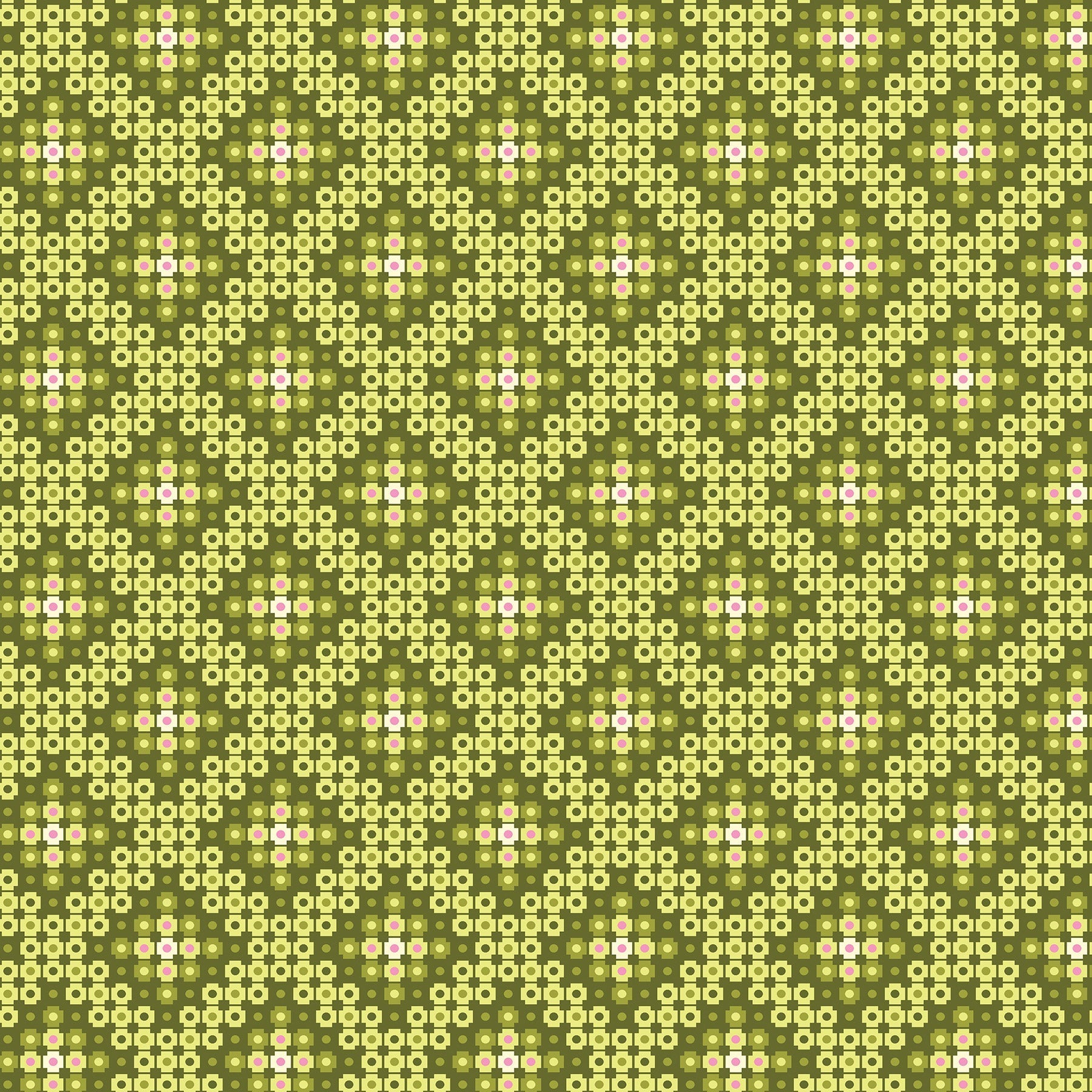  Crossweave in green (13266-43)  is from Stitchy by Christa Watson for Benartex. The crossweave print features pixelated shapes in shades of green ranging from chartruese to olive, with a hint of turquoise and pink. The geometric pattern creates a striking contrast to the modern blenders presented in the rest of the line, and provides a balanced texture and interest to your project.