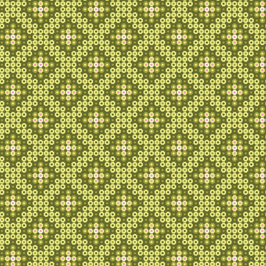  Crossweave in green (13266-43)  is from Stitchy by Christa Watson for Benartex. The crossweave print features pixelated shapes in shades of green ranging from chartruese to olive, with a hint of turquoise and pink. The geometric pattern creates a striking contrast to the modern blenders presented in the rest of the line, and provides a balanced texture and interest to your project.