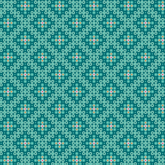  Crossweave in teal (13266-83)  is from Stitchy by Christa Watson for Benartex. The crossweave print features pixelated shapes in shades of teal, with a hint of orange. The geometric pattern creates a striking contrast to the modern blenders presented in the rest of the line, and provides a balanced texture and interest to your project.