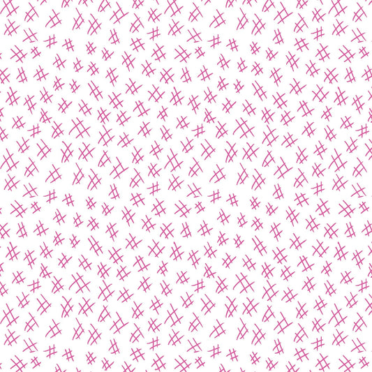  Hashtags in fuschia and white (13263-22)  is from Stitchy by Christa Watson for Benartex. The hashtags print features a white background with fuschia hashtags to provide a light tone for the collection and will serve well as a background fabric, a contrast fabric, or any where the eye needs to rest in your project.