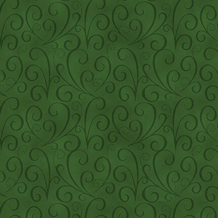 Dancing Ribbons in green from the Holiday Heartland collection by Jan Shade Beach for Henry Glass Fabrics is a dark green tone on tone print. Add the perfect texture to your holiday or anytime quilt with this dark green blender fabric with fancy cut ribbons on it.