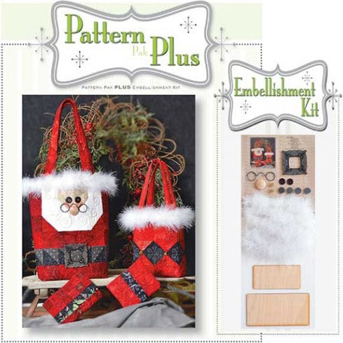 The Santa Gift Bags by Happy Hollow Designs are the perfect presentation of the perfect gift. The pattern is available with an embellishment kit (808P), and each embellishment kit will make one large bag, one small bag, and two matching coin/money/gift card holders. Photo shows example of product packaging with embellishment kit.