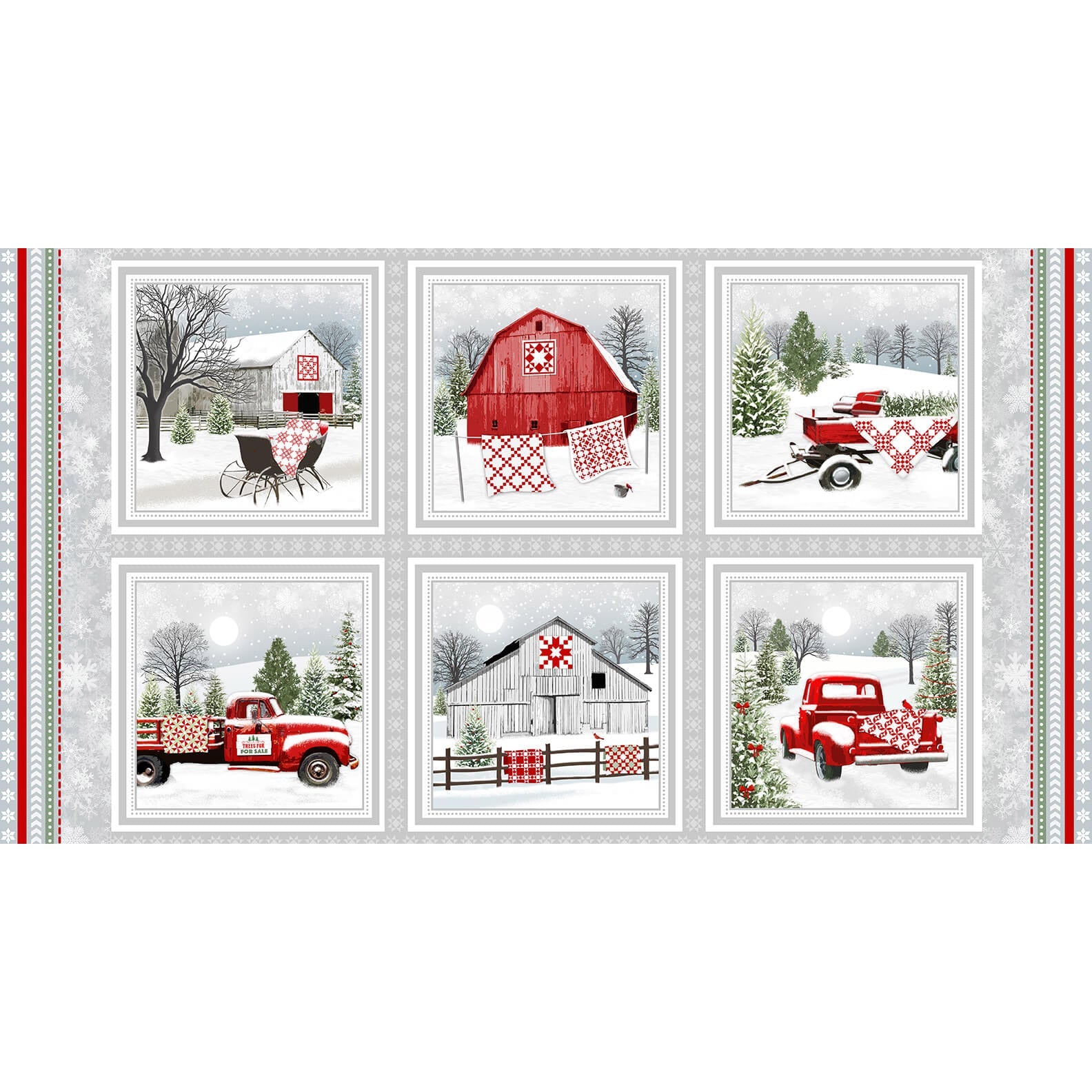 The block panel (9208-98) from the Holiday Heartland collection by Henry Glass Fabric features 6 blocks with pictures of a sleigh, a wagon, 2 barns, and 2 red trucks with red and white quilts decorating each. Use these blocks as the foundation of a quilt, wall hanging, or tote or mount them inside a window frame for a unique Christmas decor.
