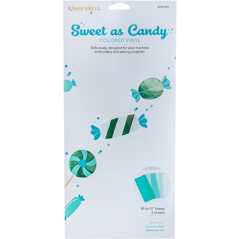 Kimberbell Sweet as Candy Blue Vinyl (KDKB1204) includes 2 sheets of each of 4 colors: Fresh Mint, Spearmint, Gummy Bear, and Hawaiian Ice. The vinyl is perfect for adding a glassy element or see-thru option to any project.
