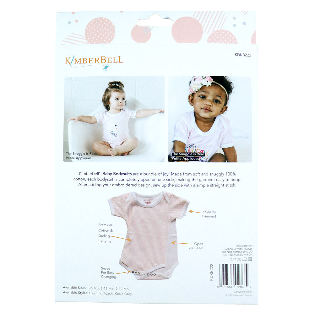 Kimberbell Baby Bodysuits are made with 100% cotton, and are available in 3 sizes of either Blushing Peach or Koala Grey. Photo Shows back of peach package with features like open side seams, white trim, and snaps for easy changing..