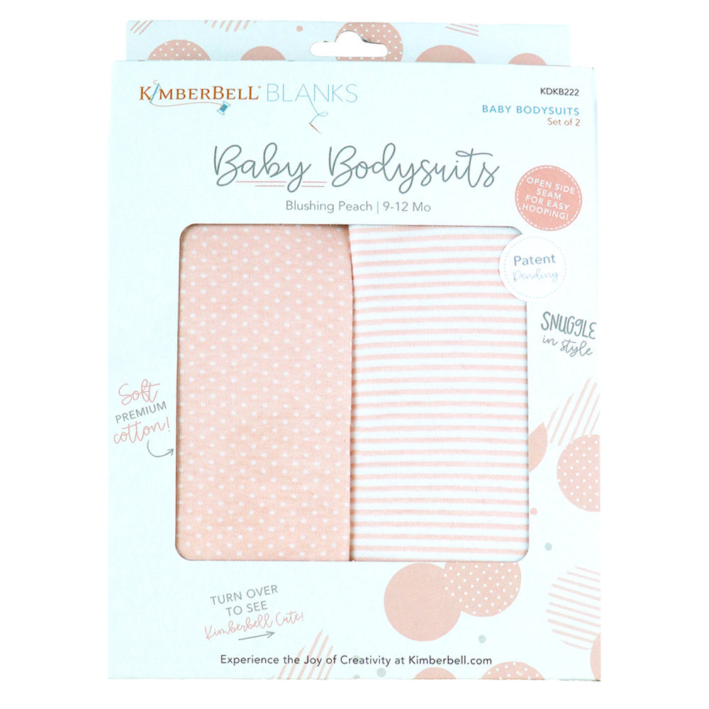 Kimberbell Baby Bodysuits are made with 100% cotton, and are available in 3 sizes of either Blushing Peach or Koala Grey. Photo Shows package of peach bodysuits, one striped and one polka dots.