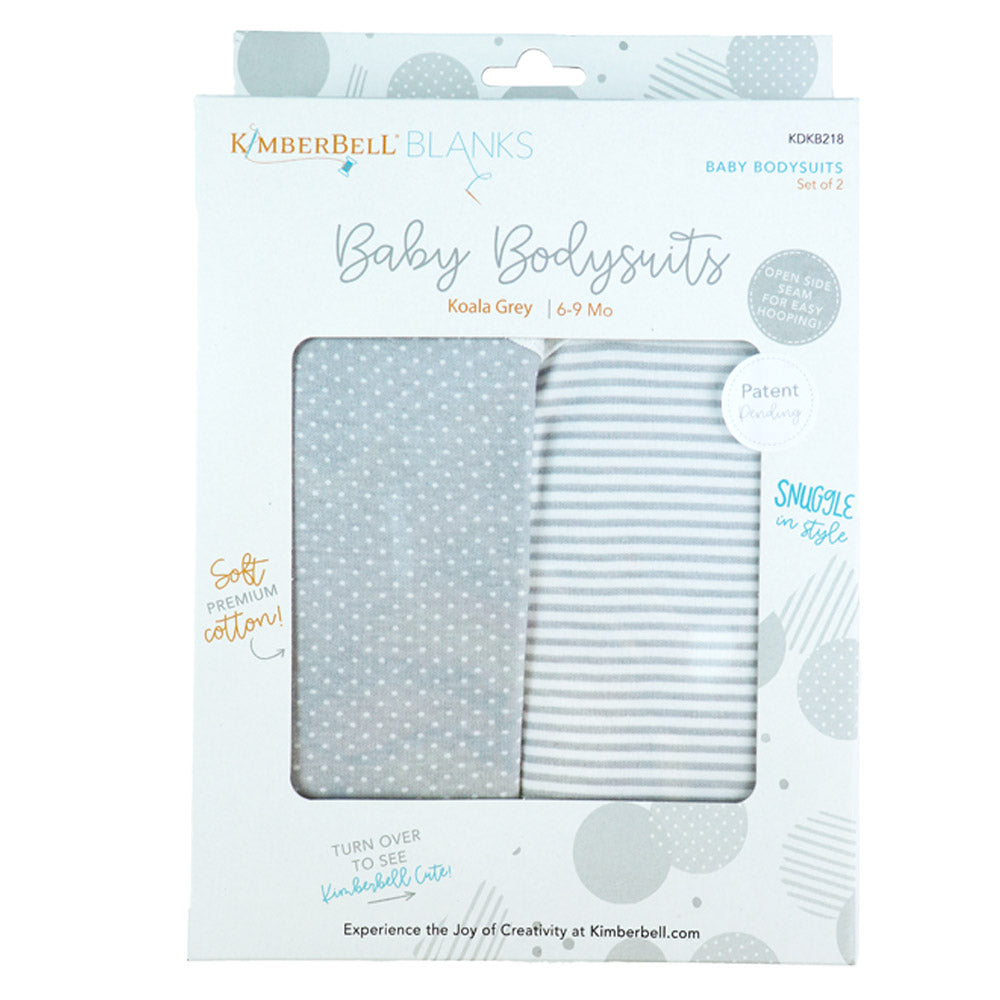 Kimberbell Baby Bodysuits are made with 100% cotton, and are available in 3 sizes of either Blushing Peach or Koala Grey. Photo Shows package of grey bodysuits, one striped and one polka dots.