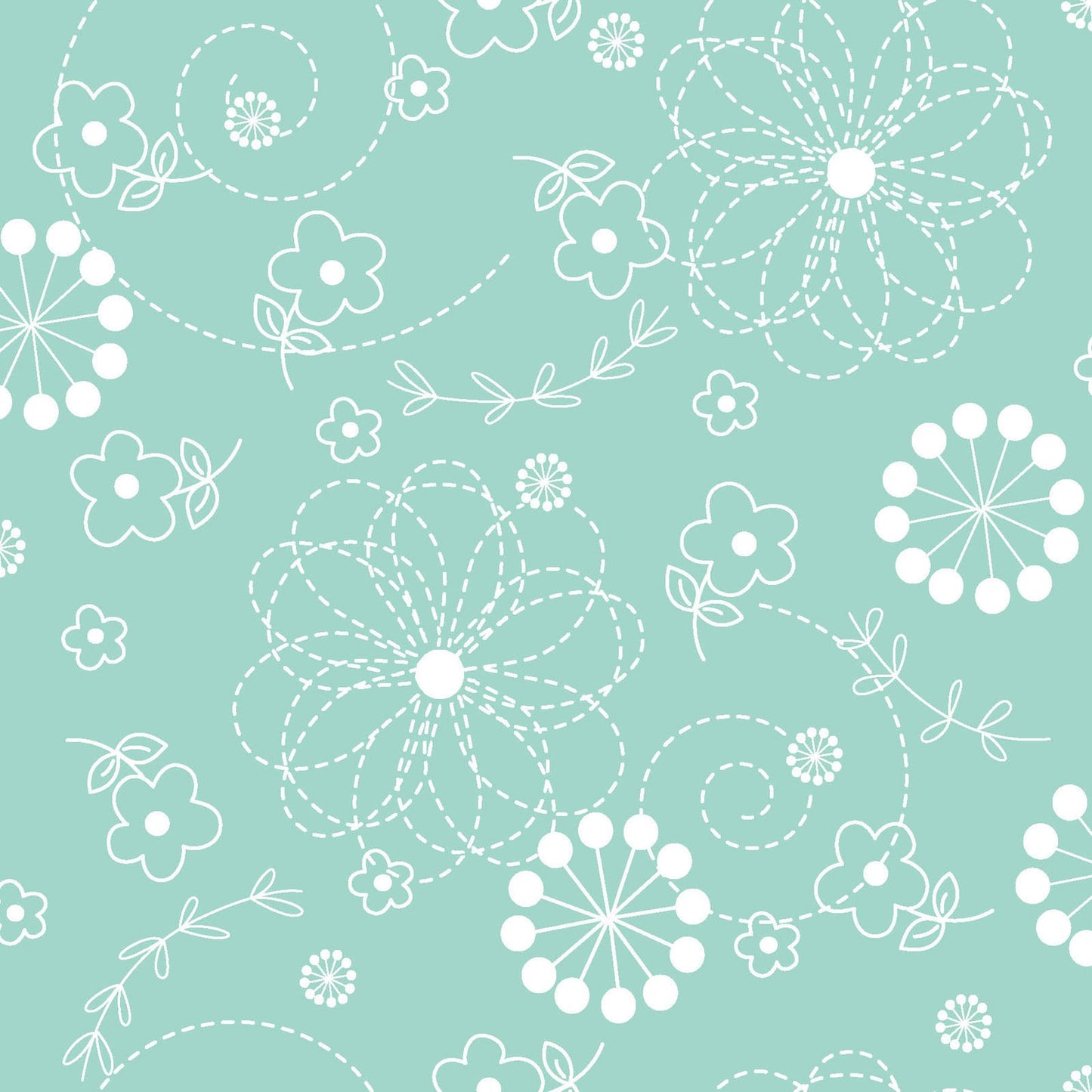 White on Aqua Doodles is part of the Kimberbell Basics line designed by Kim Christopherson for Maywood Studio. This fabric features white, Pin-stitched flowers and dandelion bursts on an aqua background.