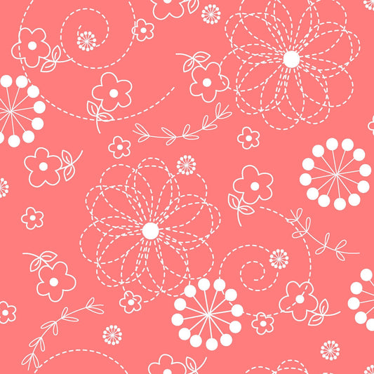 White on Coral Doodles is part of the Kimberbell Basics line designed by Kim Christopherson for Maywood Studio. This fabric features white, Pin-stitched flowers and dandelion bursts on a coral background.