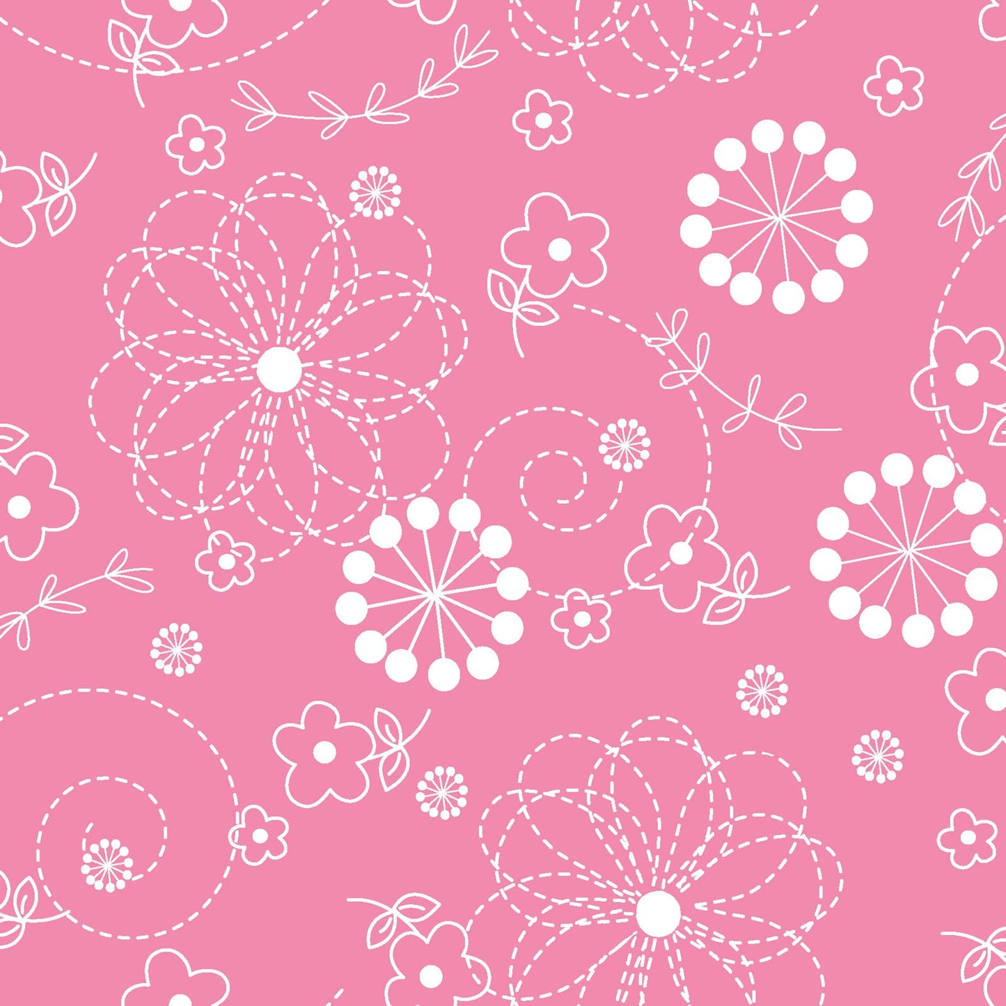 White on Pink Doodles is part of the Kimberbell Basics line designed by Kim Christopherson for Maywood Studio. This fabric features white, Pin-stitched flowers and dandelion bursts on a pink background.
