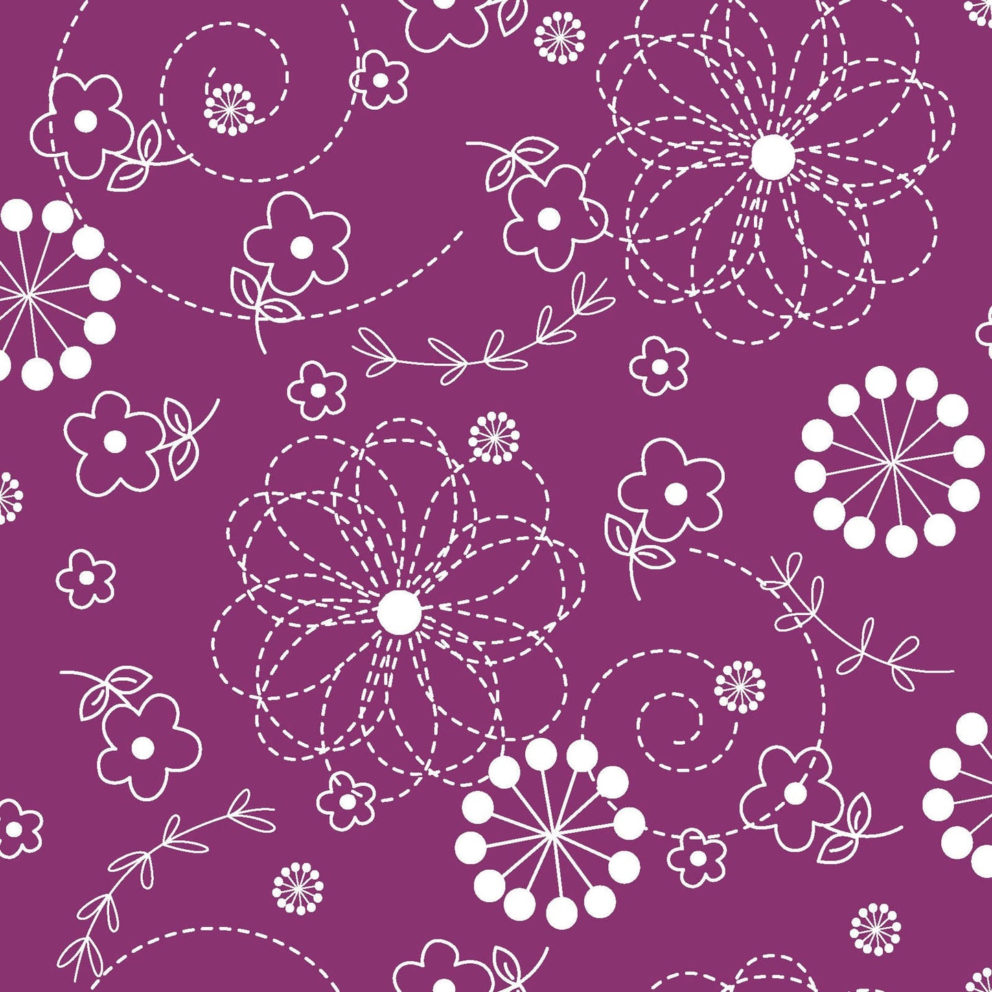 White on Purple Doodles is part of the Kimberbell Basics line designed by Kim Christopherson for Maywood Studio. This fabric features white, Pin-stitched flowers and dandelion bursts on a purple background.
