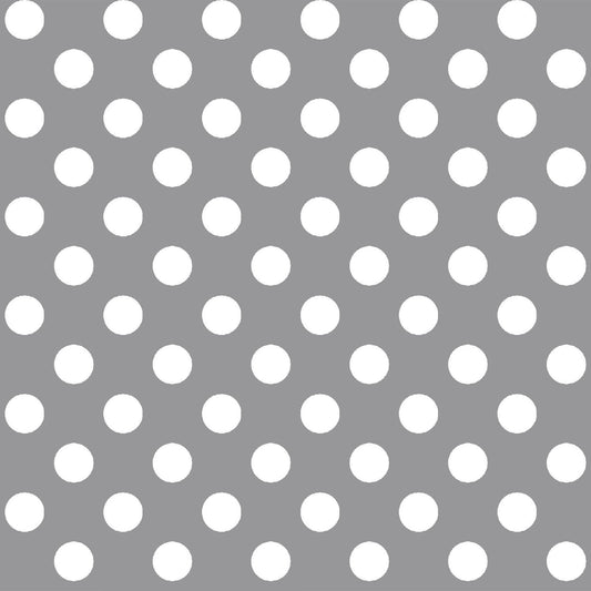 White on Gray Dots (MAS8216-K) is part of the Kimberbell Basics line designed by Kim Christopherson for Maywood Studio. This fabric features large white dots in a symmetrical pattern on an gray background. 