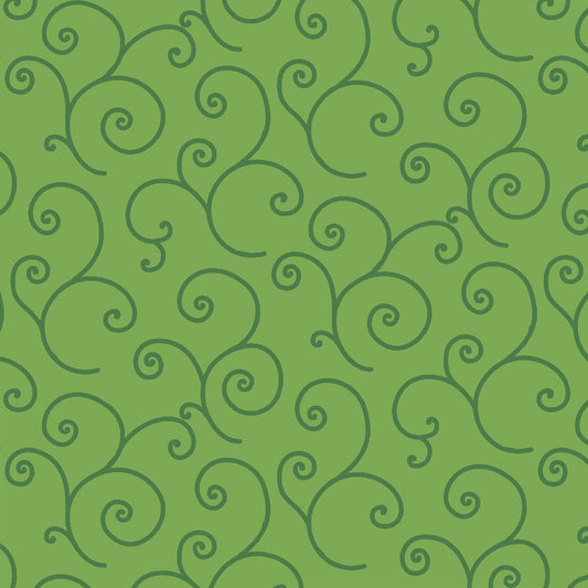Scroll White on White (MAS8243-GG) is part of the Kimberbell Basics line designed by Kim Christopherson for Maywood Studio. This fabric features green tone on tone scroll, adding a whimsical touch that isn't overpowering in projects.