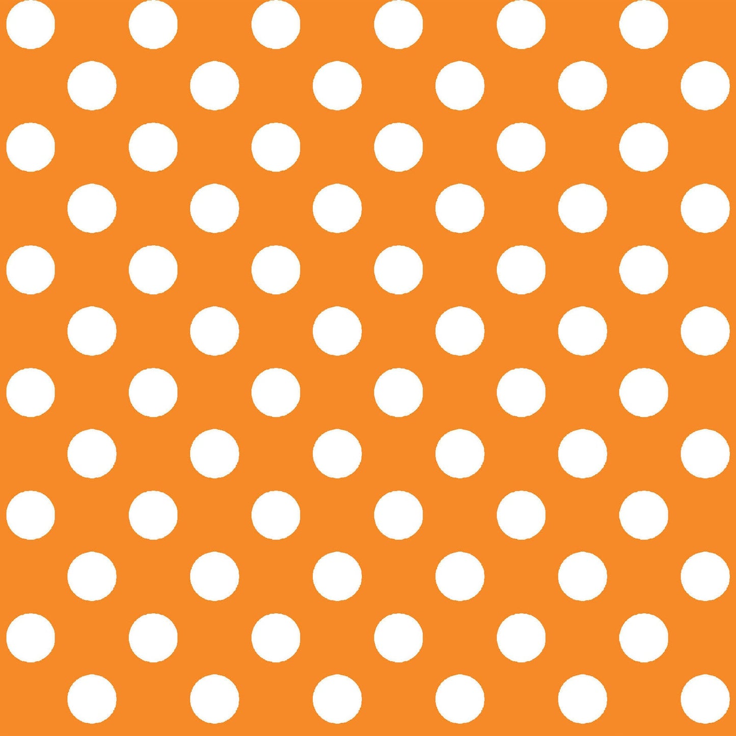 White on Orange Dots (MAS8216-O) is part of the Kimberbell Basics line designed by Kim Christopherson for Maywood Studio. This fabric features large white dots in a symmetrical pattern on an orange background.