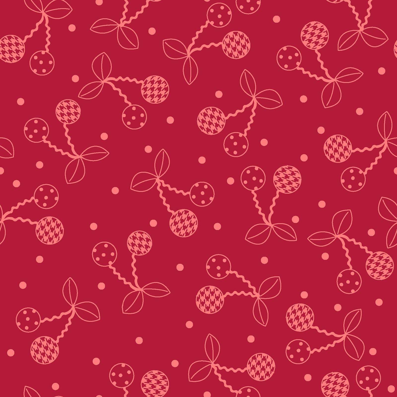 Cherries Red on Red (MAS8245-RR) is part of the Kimberbell Basics line designed by Kim Christopherson for Maywood Studio. This fabric features red tone on tone cherries, adding a whimsical touch that isn't overpowering in projects.