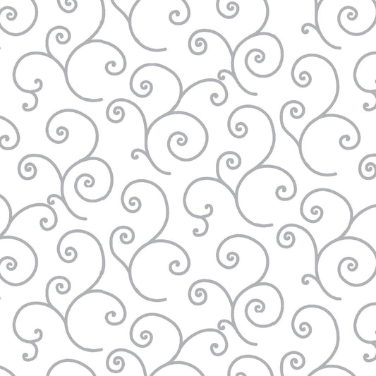 Scroll Gray on White (MAS8243-WK) is part of the Kimberbell Basics line designed by Kim Christopherson for Maywood Studio. This fabric features a gray on white scroll, adding a whimsical touch that isn't overpowering in projects.