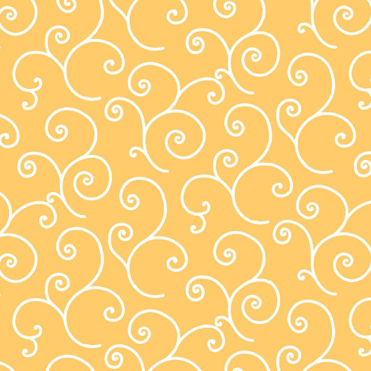 Scroll White on Yellow (MAS8243-S) is part of the Kimberbell Basics line designed by Kim Christopherson for Maywood Studio. This fabric features white on yellow scroll, adding a whimsical touch that isn't overpowering in projects.