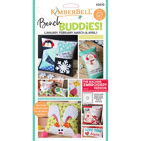 Bench Buddies is the petite pillow series designed by Kimberbell to beautifully match the popular Bench Pillow patterns. Bench Buddies: Jan, Feb, Mar, Apr (KD570) - From snowmen to bunnies and hearts to shamrocks, the first set features designs for winter, Valentine’s Day, St. Patrick’s Day, and Easter.