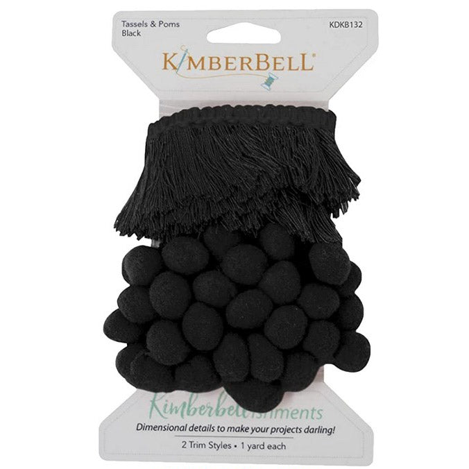 Tassel and Pom trim by Kimberbell in black (KDKB132) makes addind dimensional details to your project easy for a darling finish. Also available in White and Red trims, each package contains 1 yard of each trim.