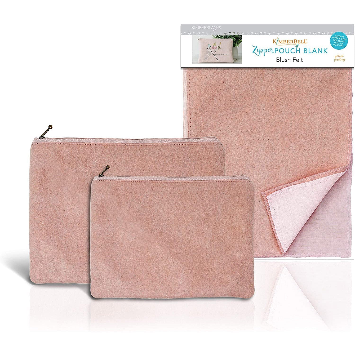 Zipper Pouch Blanks in Blush Pink Felt by Kimberbell is available in two sizes: Small (KDKB225) and Large (KDKB226). The patent pending design features an open side seam to make adding your favorite design or personalization easier than ever, and a simple straight stitch completes the bag after the design is added.  Each bag is fully lined and features a decorative zipper pull.