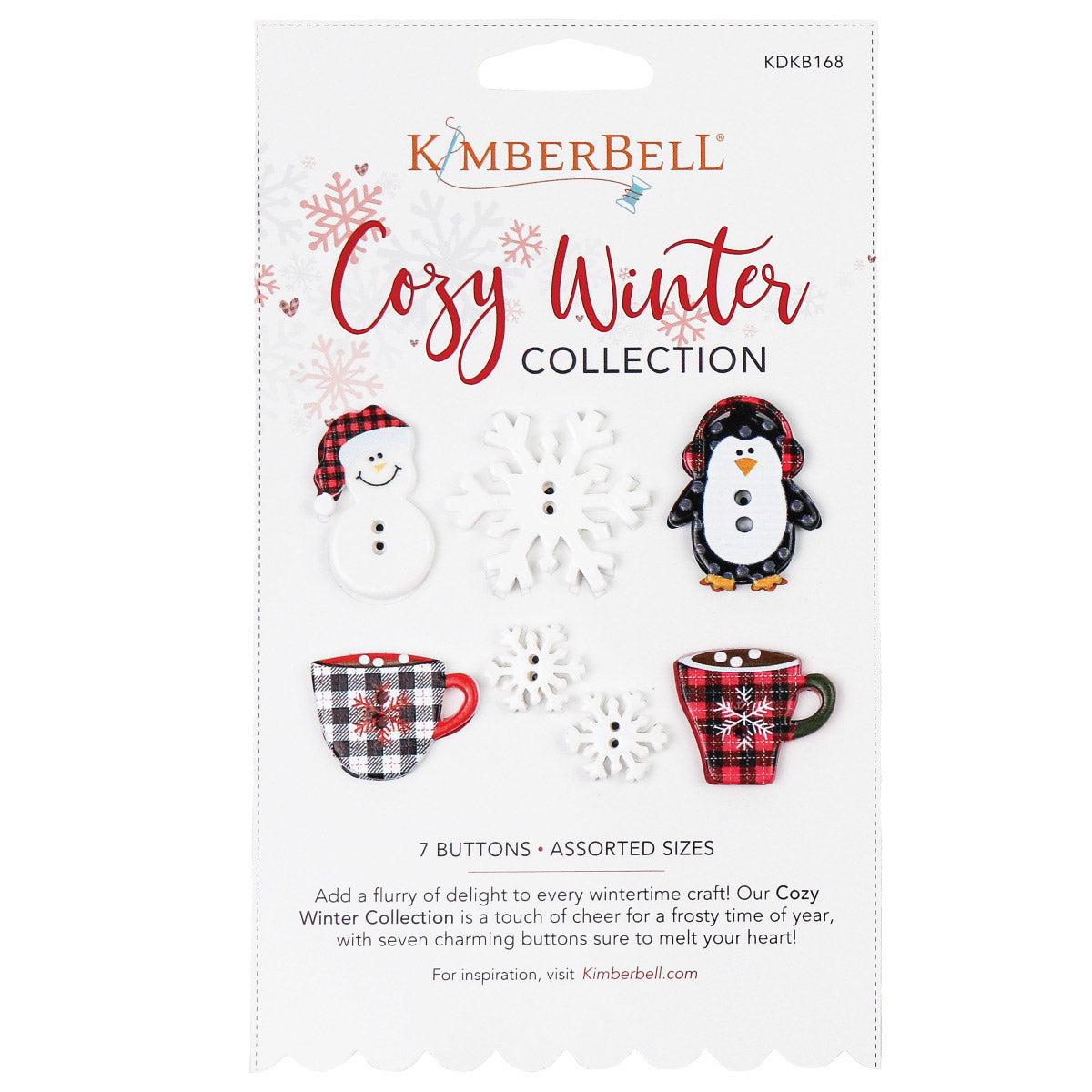 Add a flurry of delight to every wintertime craft with Cozy Winter Buttons (KDKB168) by Kimberbell! The buttons include 3 snowflakes in 2 sizes, 2 mugs, a penguin, and a snowman.