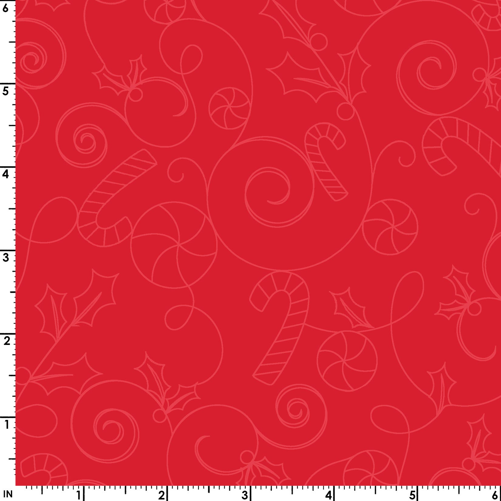 Your cup will overflow with this delightful tone on tone print in red, featuring sprigs of holly, candy canes, and peppermints. This beautiful Candy Scroll in red (MAS10209-R1) is part of the Cup of Cheer fabric line designed by Kim Christopherson of Kimberbell Designs for Maywood Studios.
