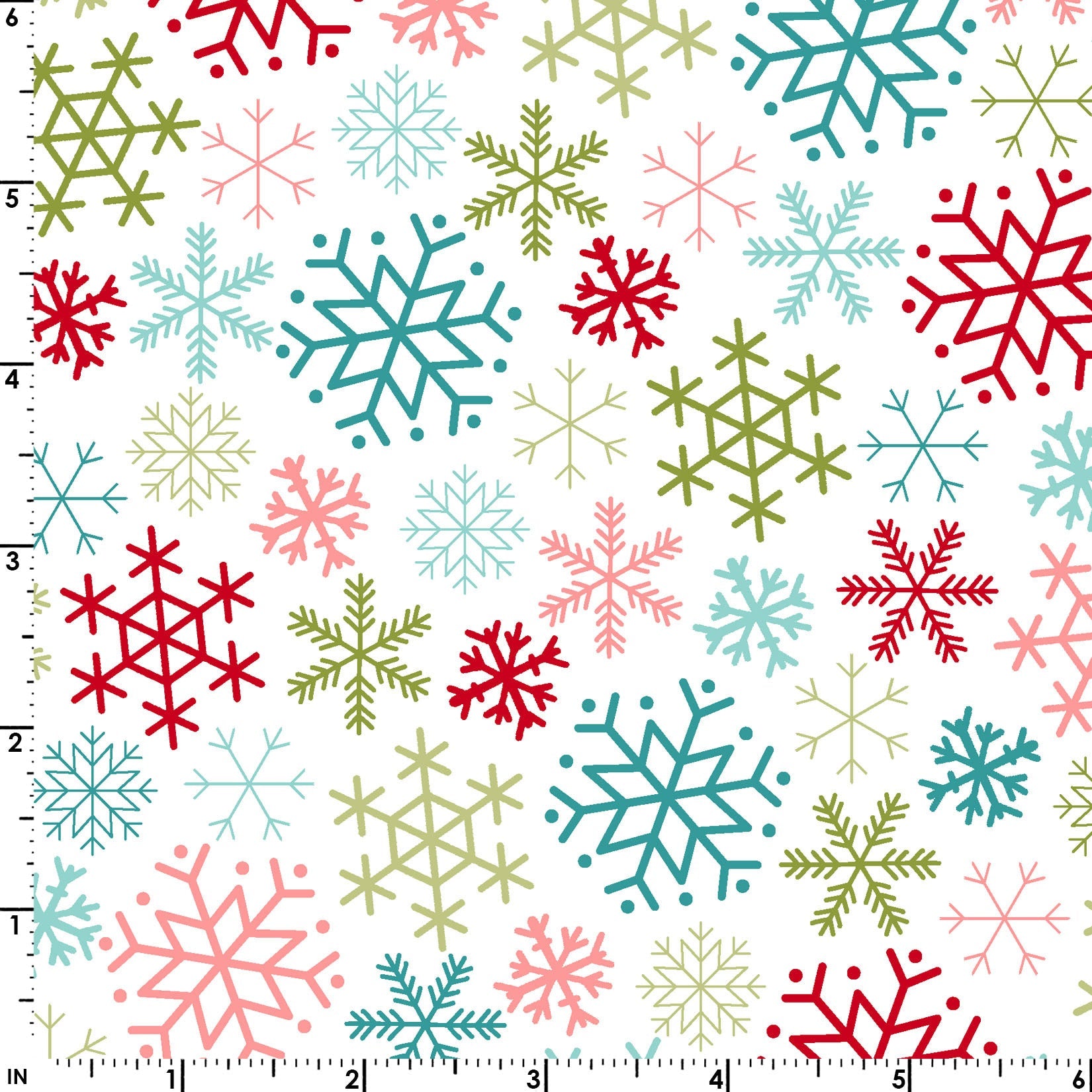 This delightful print features multiples sizes and shapes in light and dark shades or pink/red, green, teal, and blue on a white background. This blizzard of Snowflakes on white (MAS10205-Z) is part of the Cup of Cheer fabric line designed by Kim Christopherson of Kimberbell Designs for Maywood Studios.