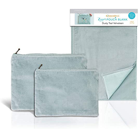 Zipper Pouch Blanks in Dusty Teal Velveteen by Kimberbell is available in two sizes: Small (KDKB235) and Large (KDKB236). The patent pending design features an open side seam to make adding your favorite design or personalization easier than ever, and a simple straight stitch completes the bag after the design is added.  Each bag is fully lined and features a decorative zipper pull.