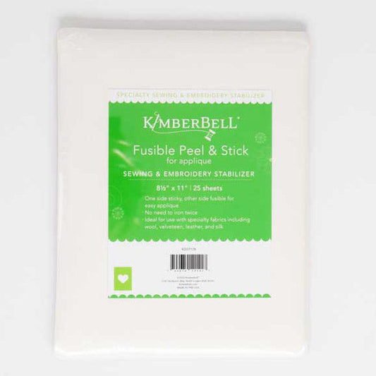Fusible Peel & Stick (KDST128) by Kimberbell is color-coded in green to reflect it is part of Kimberbell’s Specialty Stabilizer line. Both sewists and machine embroiderers can use it to add body to light or medium fabrics and permanently adhere applique to projects. The available 25 count package of 8 ½” x 11” sheets is shown. Stitcher’s Joy
