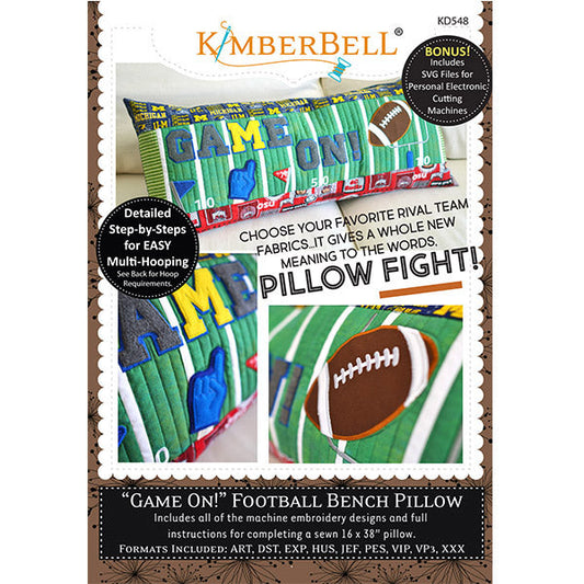 Cheer on your favorite team with the Game On! Bench Pillow Machine Embroidery Pattern (KD548) by Kimberbell. USe your favorite rival team fabrics, and enjoy the fun details of the field goal, football, and pennants.
