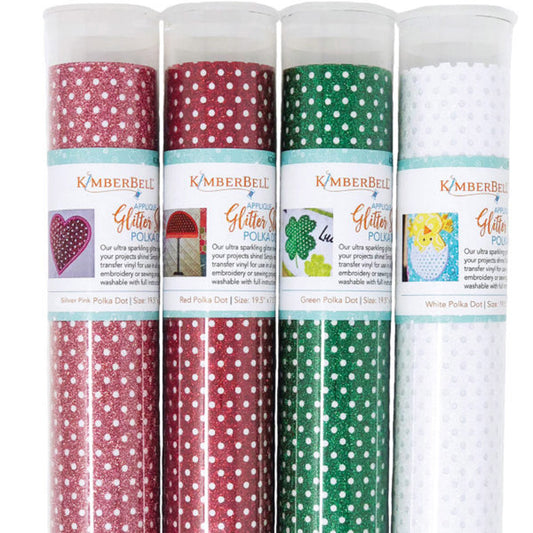 Applique Glitter Sheets with Polka Dots by Kimberbell is available in 5 colors to match your product. It comes in red, green, white, black, and silver-pink.