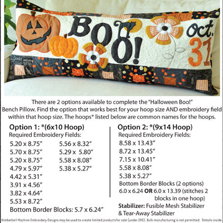 Don't be spooked to have fun with the Halloween Boo! Bench Pillow (KD527) pattern for machine embroidery by Kimberbell! The candy corn flowers, jack o'lanterns, a black cat, and BOO!: A happy Halloween decor.