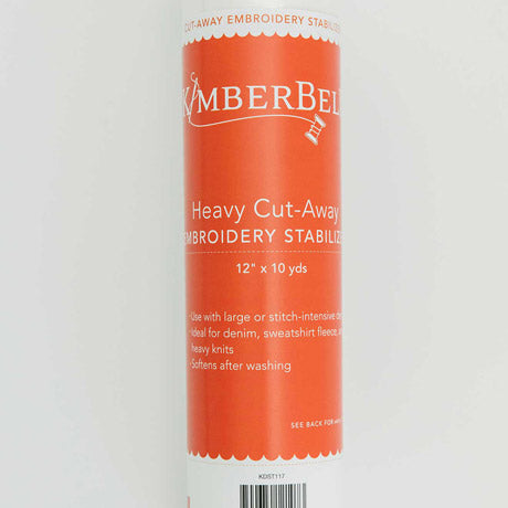 Heavy Cut-Away stabilizer by Kimberbell is color-coded in a dark orange to reflect it is for use with medium to heavy stitch count designs, medium weight knits or light denim, and works well with soft or crisp fabrics. The 12" x 10 yard size (KDST117) is pictured, but the stabilizer is also available in 20” x 10 yard rolls and 40 count 10" x 12" sheets. Stitcher’s Joy