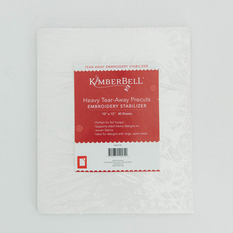 Kimberbell Heavy Tear Away stabilizer by Kimberbell is color-coded in a dark red to reflect that this tear away will tear away neatly and cleanly with high stitch count designs. The 10" x 12" sheets are pictured, but the stabilizer is also available in 12" x 10 yard and 20" x 10 yard rolls. A coordinating slap band in dark red to keep the stabilizers organized and identifiable is also available.