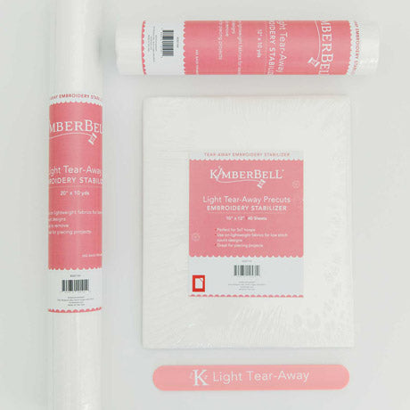 The Light Tear Away stabilizer by Kimberbell is color-coded in a light pink to reflect that this tear away will tear away neatly and cleanly with low stitch count designs. Each of the the three sizes: 12" x 10 yard, 20" x 10 yard, and 10" x 12" sheets are shown with the coordinating slap band in light pink to keep the stabilizers organized and identifiable.