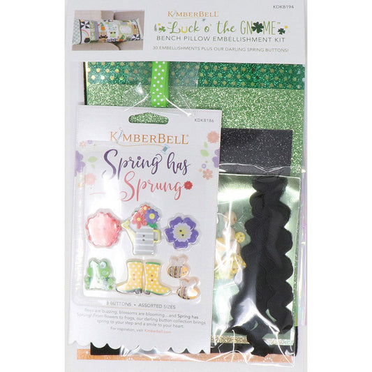 We’ve gathered all the darlin’ details and charms in Kimberbell's Embellishment Kit (KDKB194) for your Luck o’ the Gnome: St. Patrick’s Day Bench Pillow! Discover a treasure of sparkling leprechaun hats, shimmering rainbows, and wee buttons and knobs. Photo shows the front of the package.
