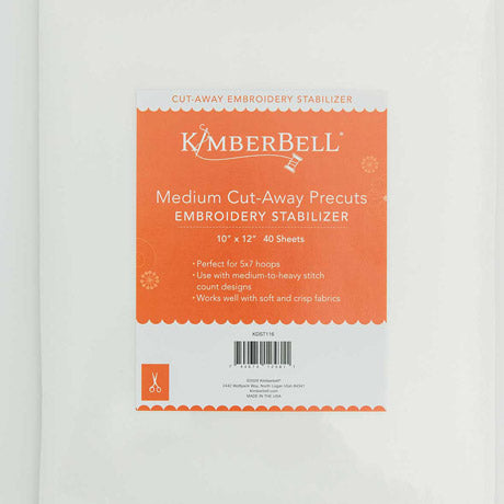 Medium Cut-Away stabilizer by Kimberbell is color-coded in a medium orange to reflect it is for use with medium to heavy stitch count designs, medium weight knits or light denim, and works well with soft or crisp fabrics. The 40 count 10" x 12" sheets (KDST116) are pictured, but the stabilizer is also available in 12" x 10 yard and 20” x 10 yard rolls. Stitcher's Joy