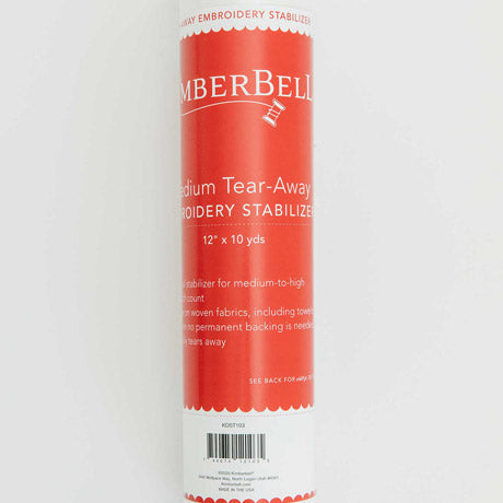 The Medium Tear Away stabilizer by Kimberbell is color-coded in a red to reflect that this tear away will tear away neatly and cleanly with medium to high stitch count designs. The 12" x 10 yard size is pictured, but the stabilizer is also available in 20" x 10 yard rolls and 40 count 10" x 12" sheets. A coordinating slap band in red to keep the stabilizers organized and identifiable is also available.