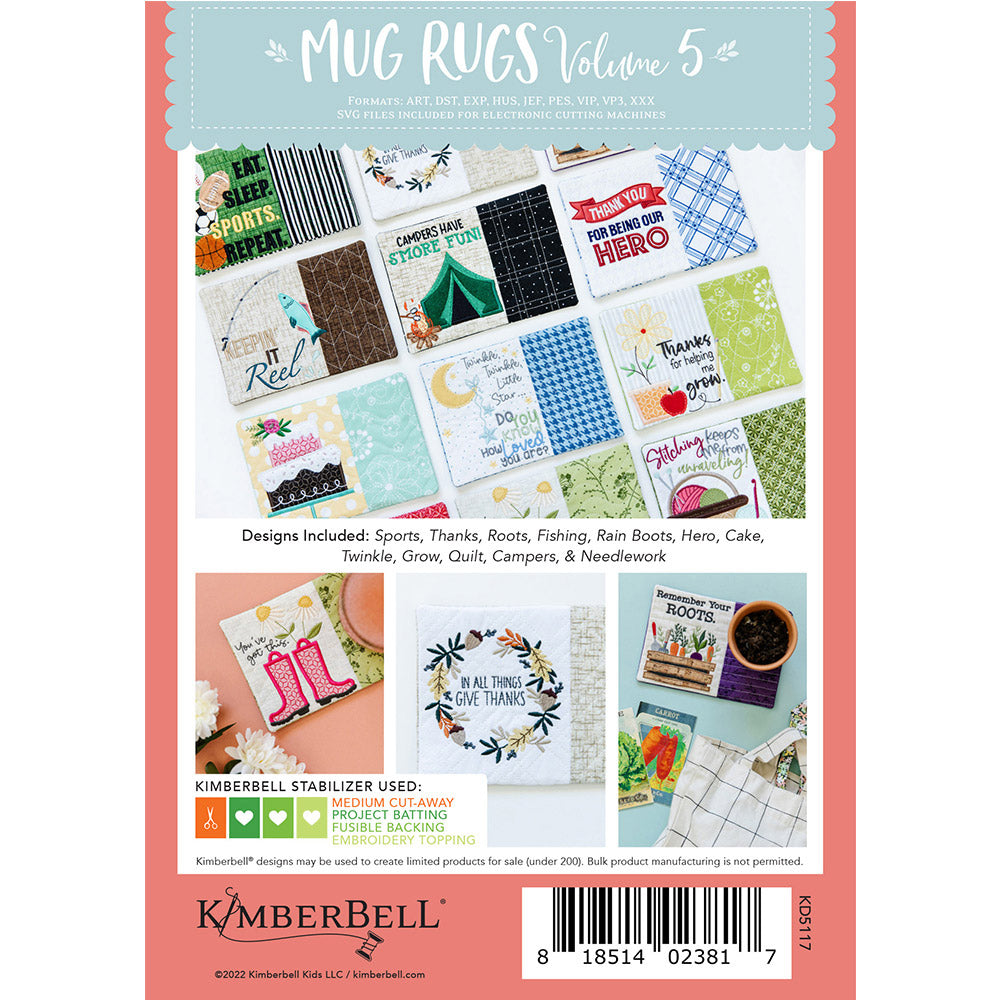 Share smiles and friendship with Kimberbell’s Mug Rugs Volume 5 (KD5117)! Inspired by thoughtful suggestions from Kimberbell fans, our collection includes 12 giftable designs for a variety of occasions.