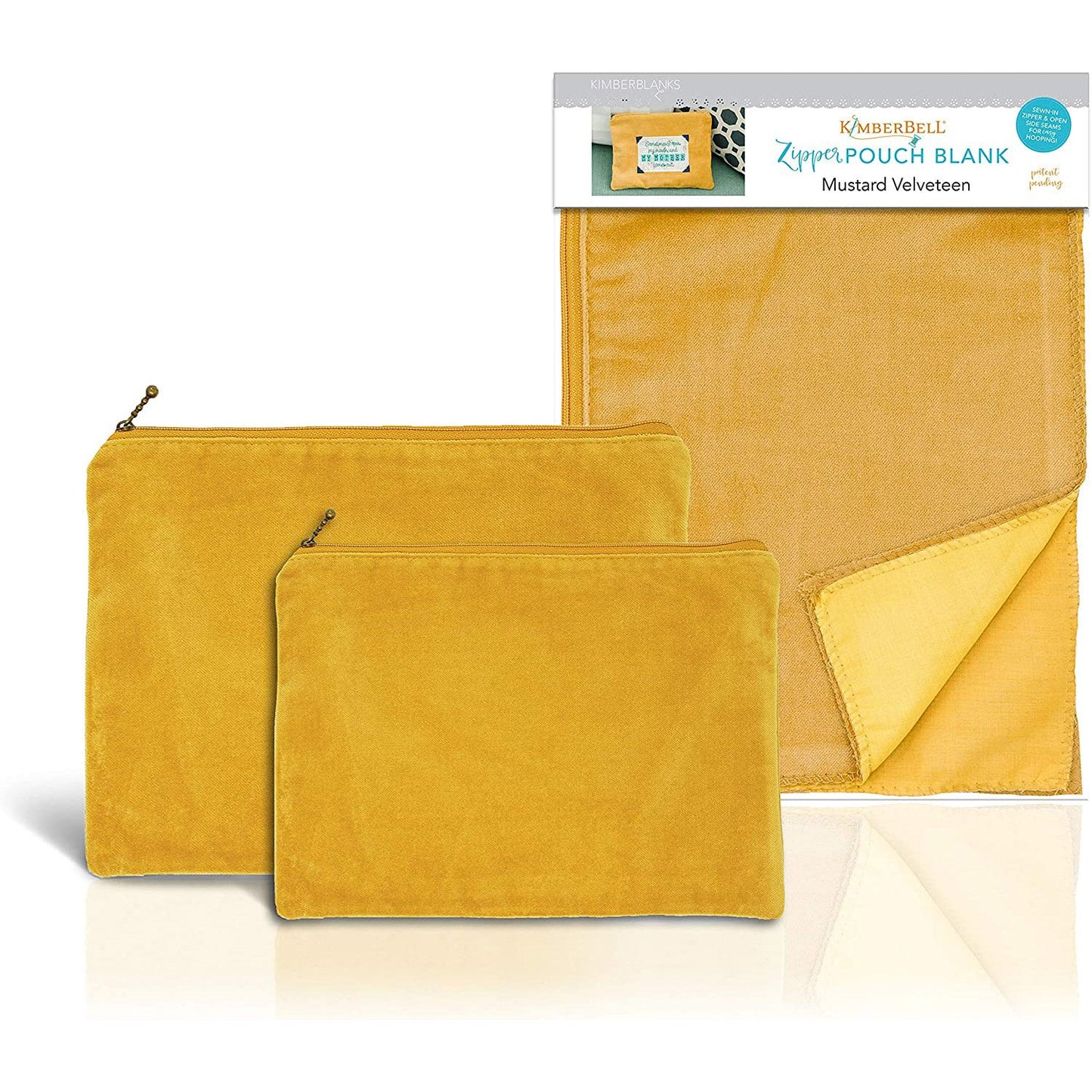 Zipper Pouch Blanks in Mustard Velveteen by Kimberbell is available in two sizes: Small (KDKB231) and Large (KDKB232). The patent pending design features an open side seam to make adding your favorite design or personalization easier than ever, and a simple straight stitch completes the bag after the design is added.  Each bag is fully lined and features a decorative zipper pull.