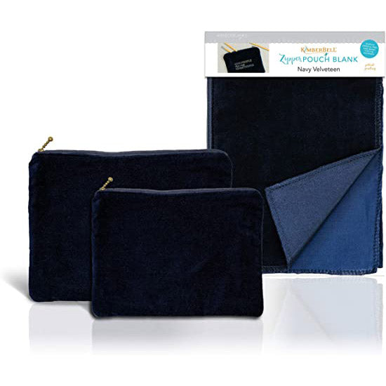 Zipper Pouch Blanks in Navy Velveteen by Kimberbell is available in two sizes: Small (KDKB233) and Large (KDKB234). The patent pending design features an open side seam to make adding your favorite design or personalization easier than ever, and a simple straight stitch completes the bag after the design is added.  Each bag is fully lined and features a decorative zipper pull.