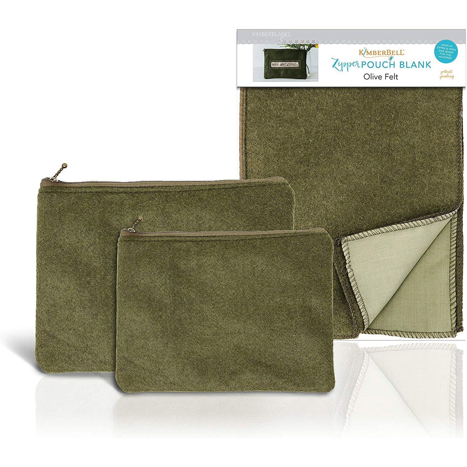 Zipper Pouch Blanks in Olive Felt by Kimberbell is available in two sizes: Small (KDKB227) and Large (KDKB228). The patent pending design features an open side seam to make adding your favorite design or personalization easier than ever, and a simple straight stitch completes the bag after the design is added.  Each bag is fully lined and features a decorative zipper pull.
