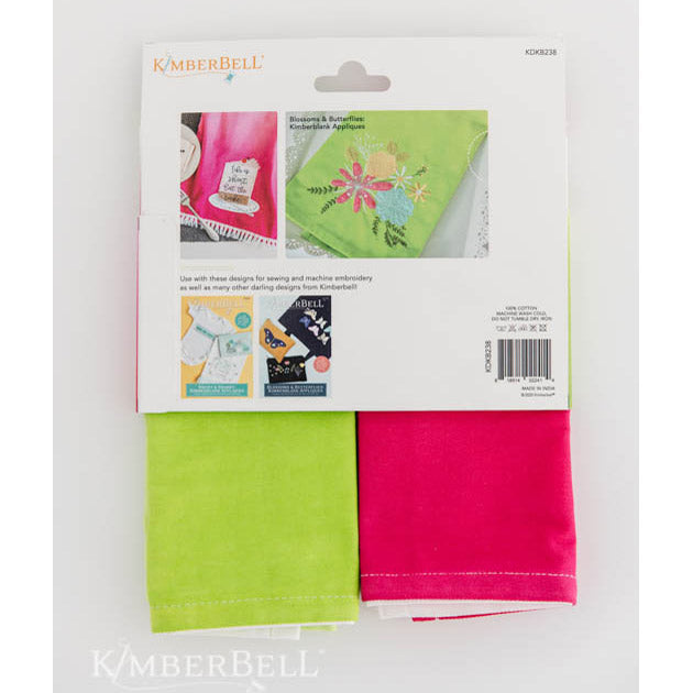 Hand-dyed in gorgeous gradient color, Kimberbell’s Ombré Tea Towels (KDKB238) are  made of premium 100% cotton. Each set comes with one pink and one green towel. Back of package pictured. 