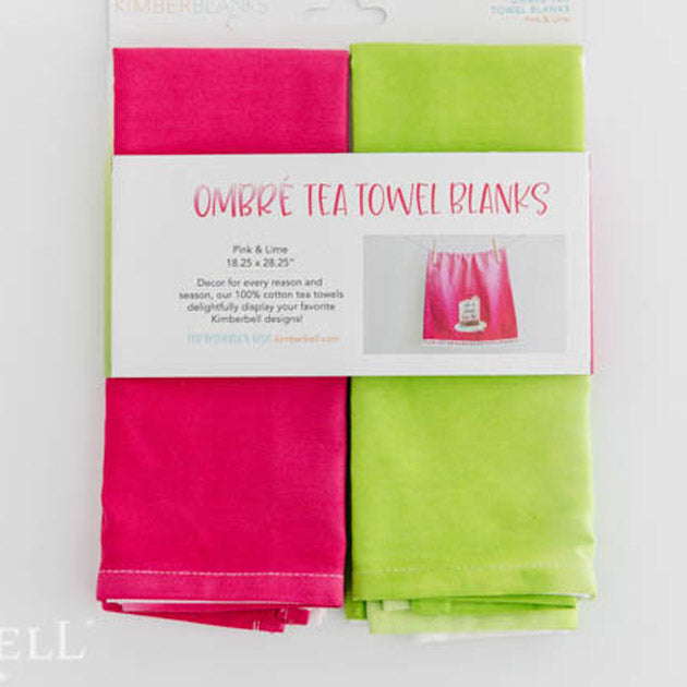 Hand-dyed in gorgeous gradient color, Kimberbell’s Ombré Tea Towels (KDKB238) are  made of premium 100% cotton. Each set comes with one pink and one green towel. Front of package pictured. 