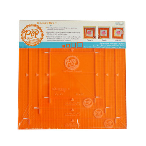 Place It, Cut It, Piece It! The Orange Pop Square Rulers (KDTL101) by Kimberbell are phenomenal rulers with extended corner channels, make squaring up quilt blocks simple and accurate. Visually center embroidery and applique designs before you cut.