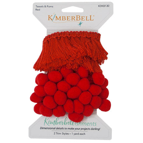 Tassel and Pom trim by Kimberbell in red (KDKB130) makes addind dimensional details to your project easy for a darling finish. Also available in White and Black trims, each package contains 1 yard of each trim.