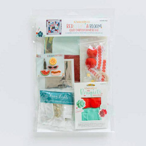 Kimberbell’s Red, White & Bloom Embellishment Kit includes all the dazzling details for your quilt, including fairy lights, applique glitter, mylar, embroidery leather, vinyl, twine, ribbon, buttons, and more!