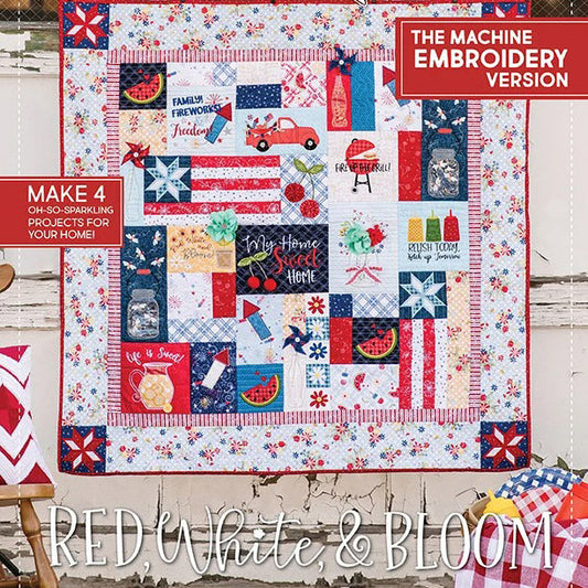 Celebrate freedom with the Red, White & Bloom feature quilt by Kimberbell. This patriotic quilt honors “Home Sweet Home” with bursting fireworks, sparkling rockets, applique stars, stripes, and a red truck leading the hometown parade. Sip on summer with jars of fireflies, summer day buttons, dimensional floral bouquets, lemon slices, cherries, melons, and more!