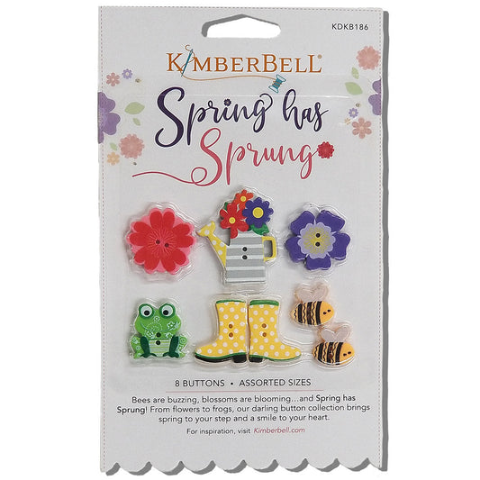 Spring Has Sprung Buttons (KDKB186) by Kimberbell celebrates the brightness and renewal of spring. Bees are buzzing, blossoms are blooming…and Spring has Sprung! From flowers to frogs, these darling button collection brings spring to your step and a smile to your heart.