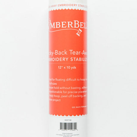 The Sticky Back Tear Away stabilizer by Kimberbell is color-coded in a light red to reflect this is a medium weight tear away with light adhesive coating for use on hard to hoop items or with tightly woven, non-stretchable and slippery fabrics. The 12" x 10 yard size is pictured, but the stabilizer is also available in 20” x 5 yard rolls and 40 count 10" x 12" sheets. 